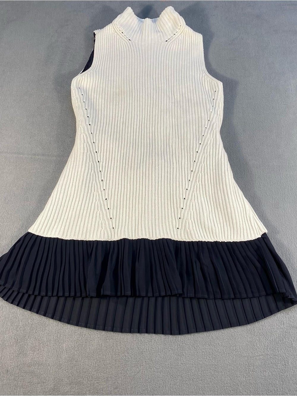 French Connection women’s White Sleeveless Knit Dress with Black Pleated Hem, S